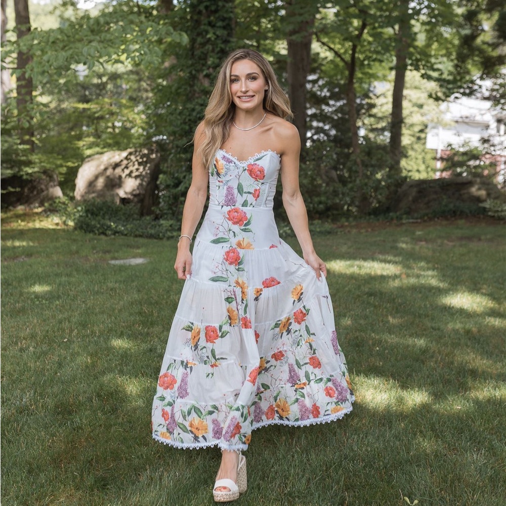 Charo Ruiz White Floral Strapless Maxi Dress